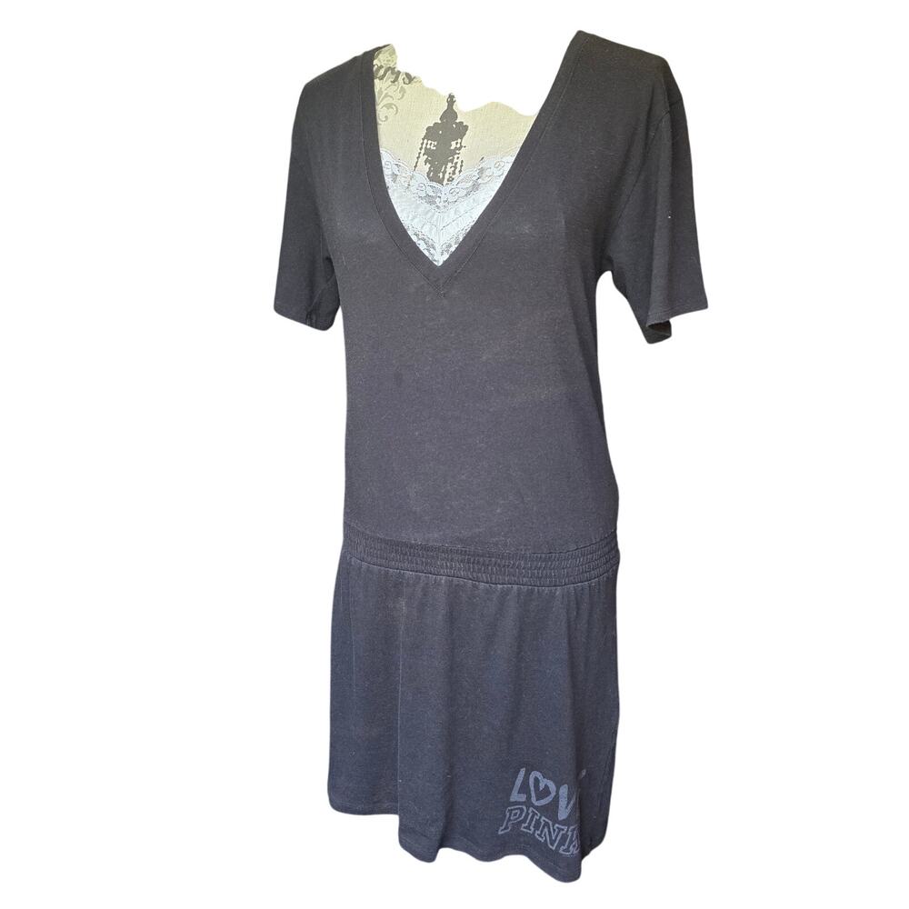 Y2k Victorias Secret Pink Black V-Neck Dress Ruched Waist Size Large